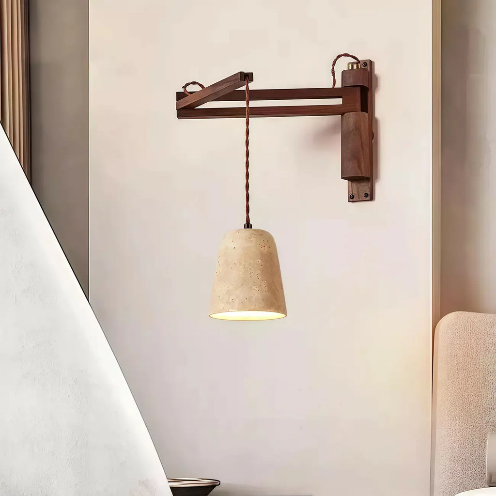 Rustic Stone Shade Adjustable Wooden Swing Arm Wall Light