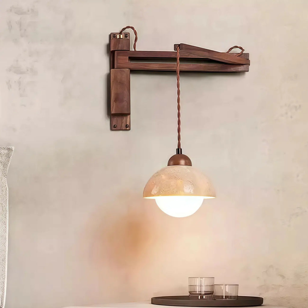 Rustic Stone Shade Adjustable Wooden Swing Arm Wall Light