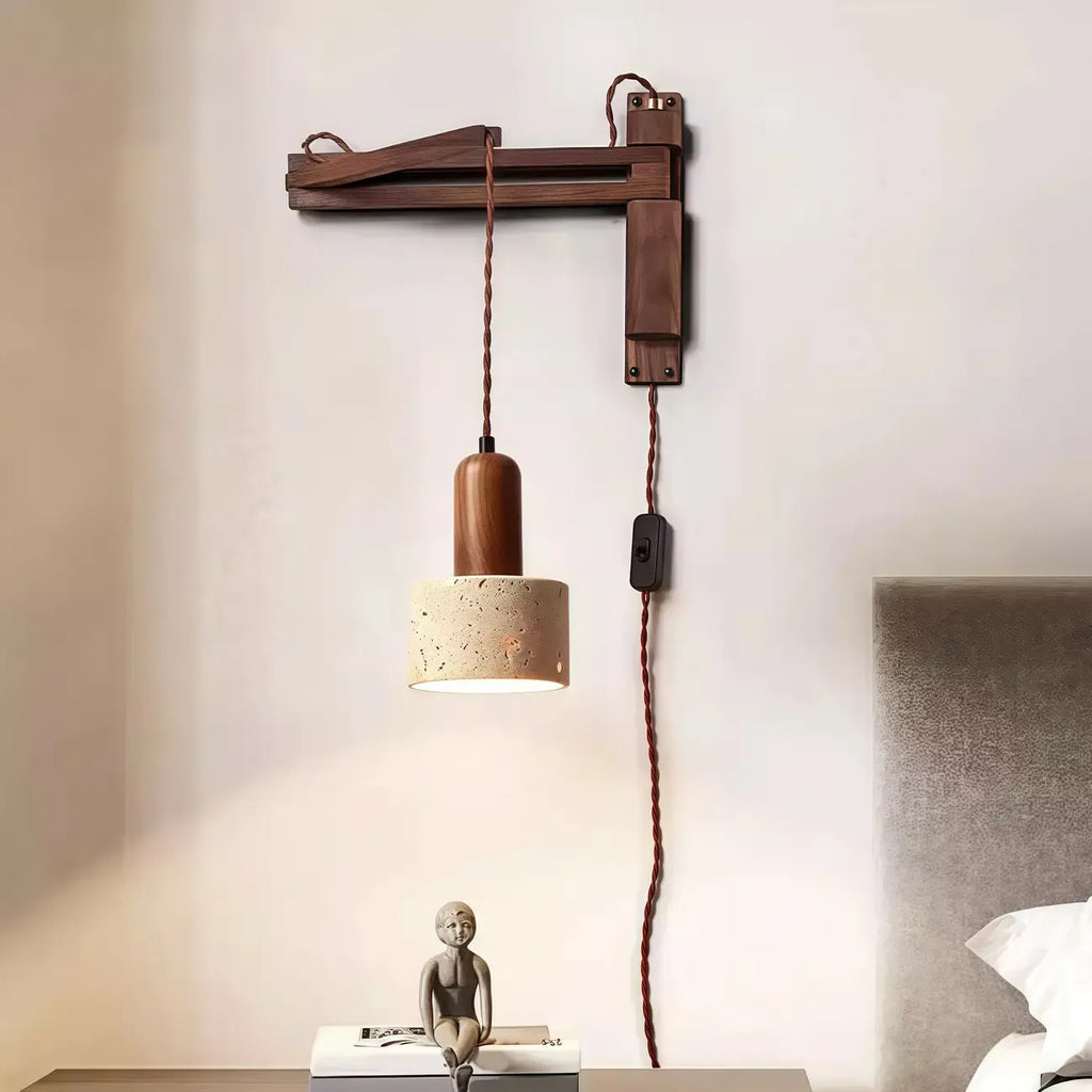 Rustic Stone Shade Adjustable Wooden Swing Arm Wall Light