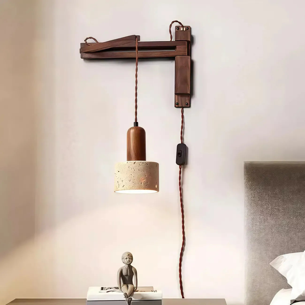 Rustic Stone Shade Adjustable Wooden Swing Arm Wall Light