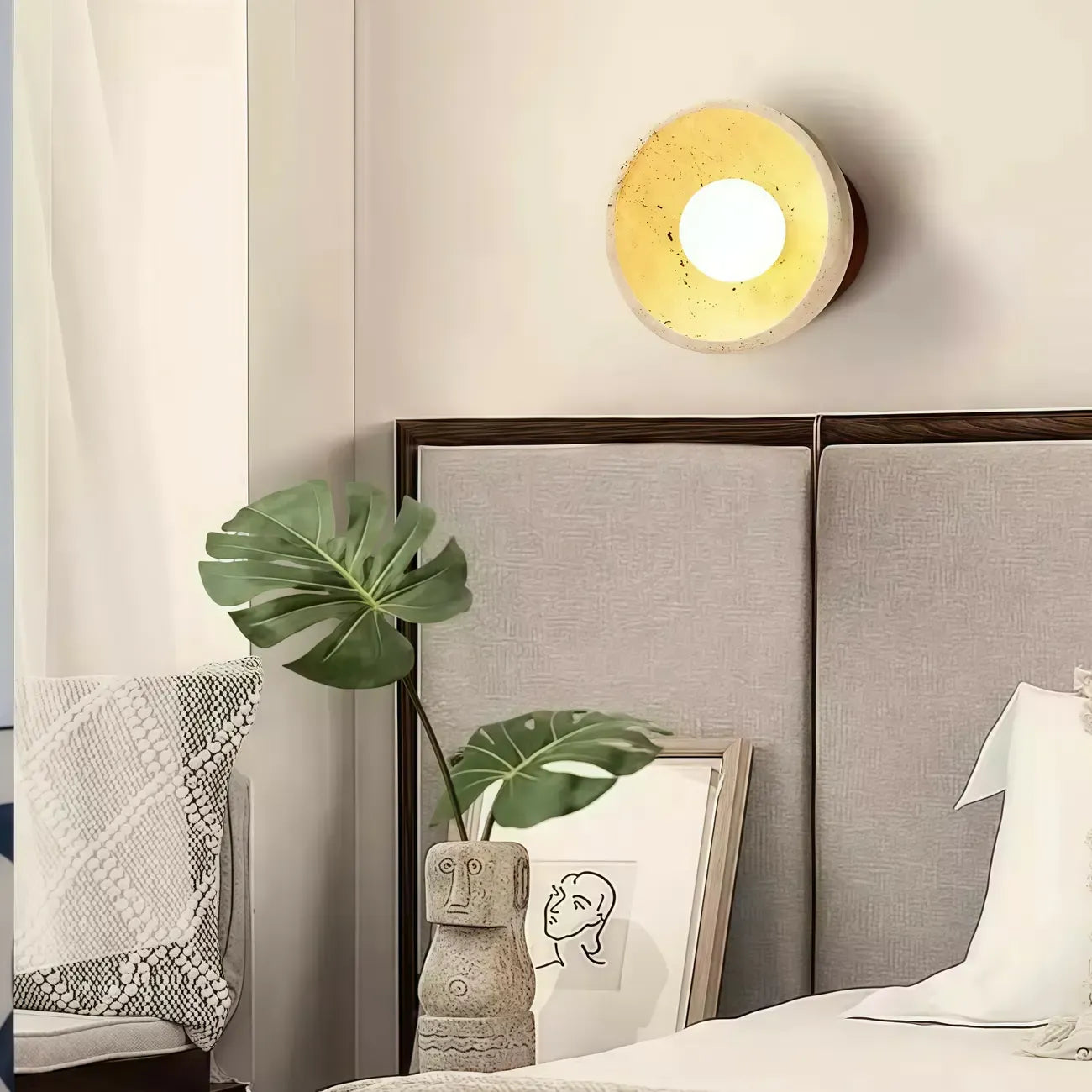 Rustic Stone Shade Adjustable Wooden Swing Arm Wall Light