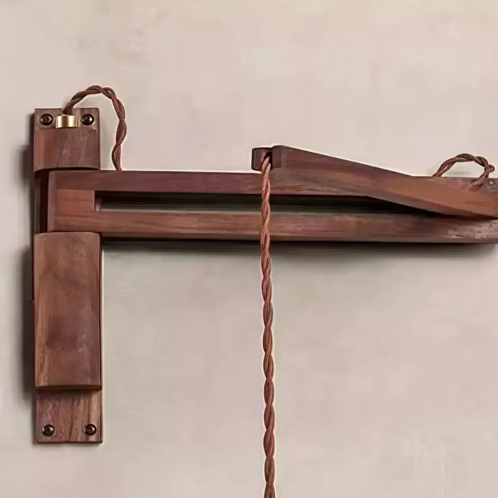 Rustic Stone Shade Adjustable Wooden Swing Arm Wall Light