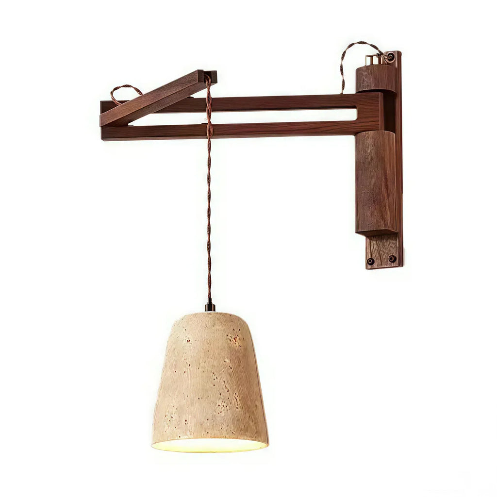 Rustic Stone Shade Adjustable Wooden Swing Arm Wall Light