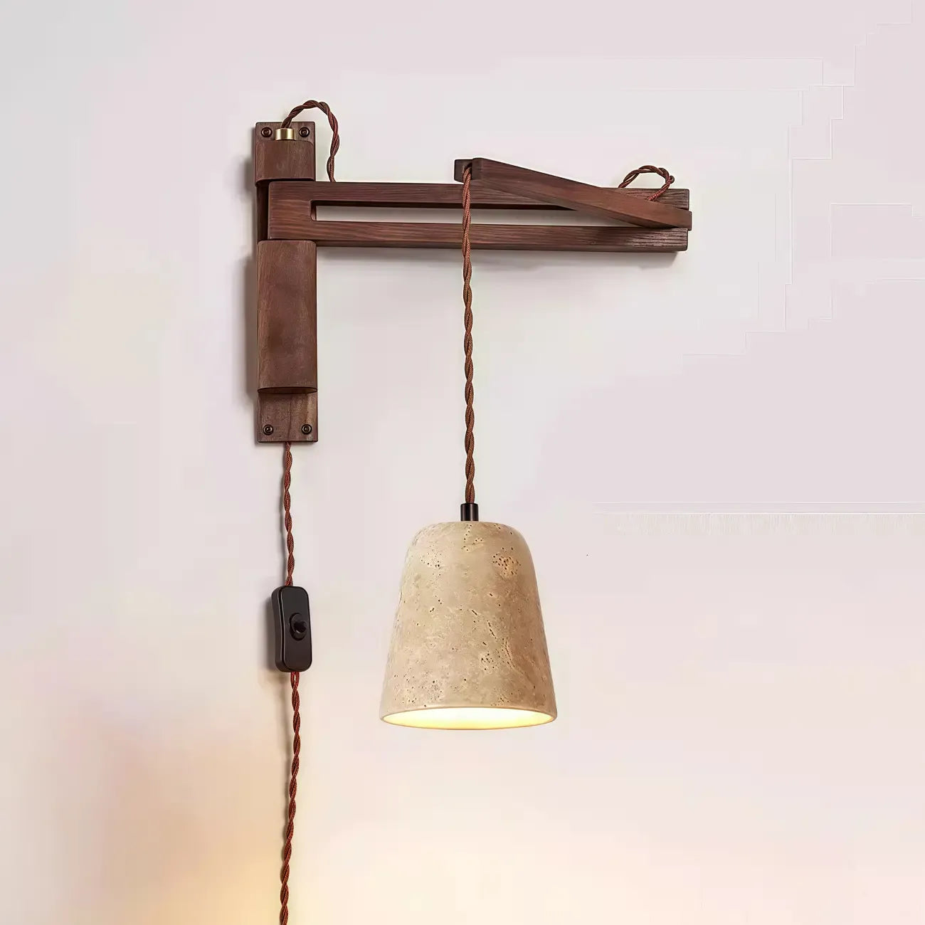 Rustic Stone Shade Adjustable Wooden Swing Arm Wall Light