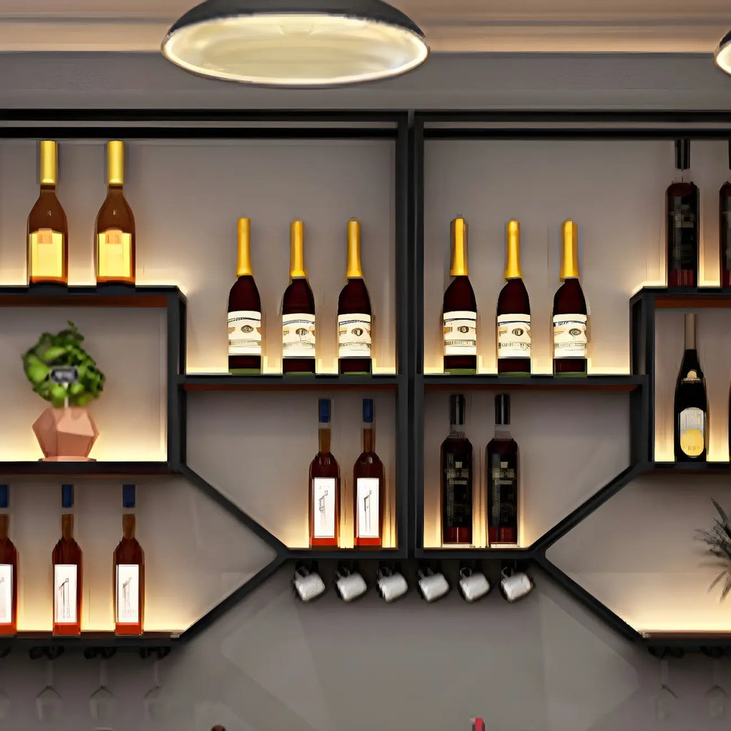 Black Metal Wall-Mounted Lighted Wine Rack