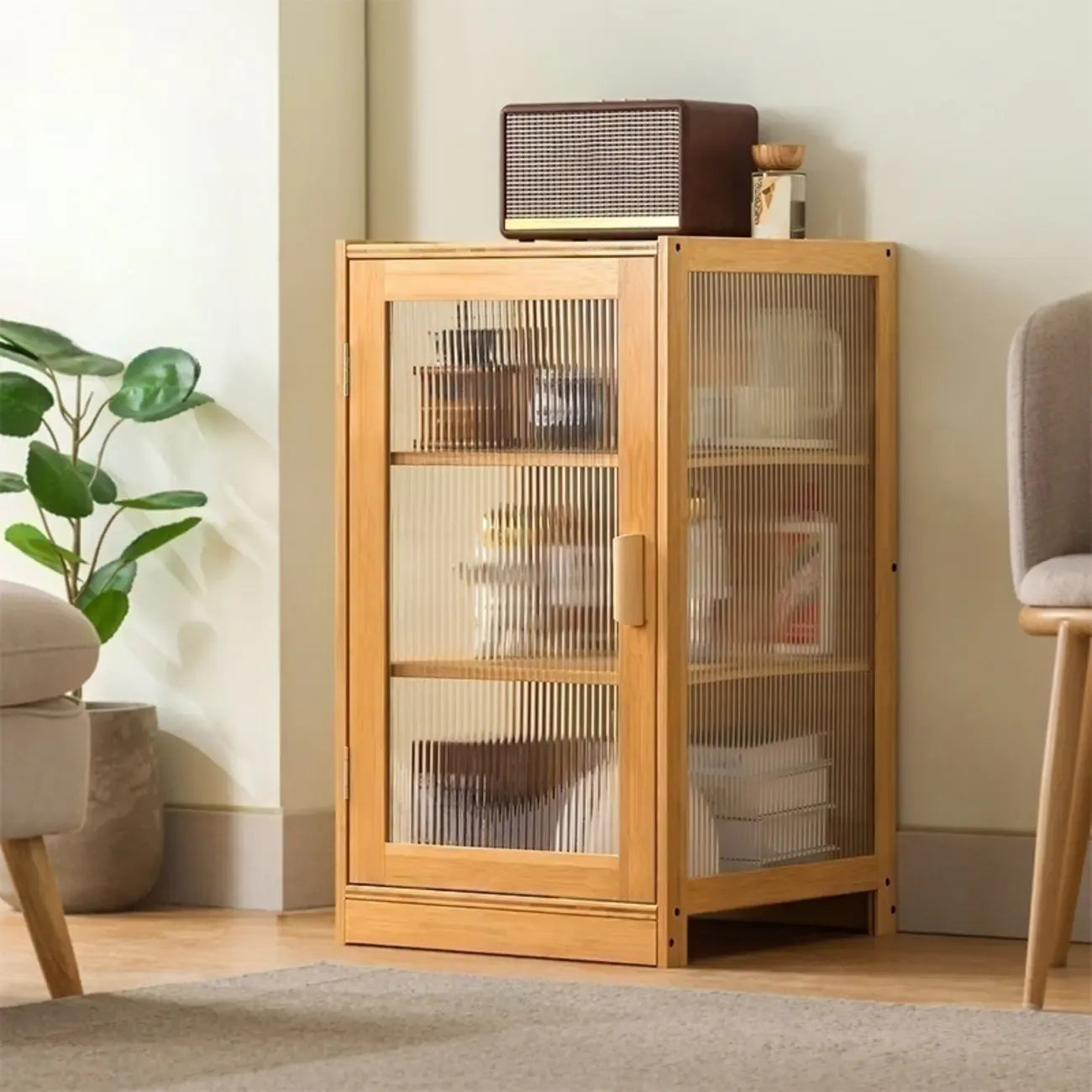 Narrow Adjustable Scandinavian Bamboo Glass Curio Cabinet