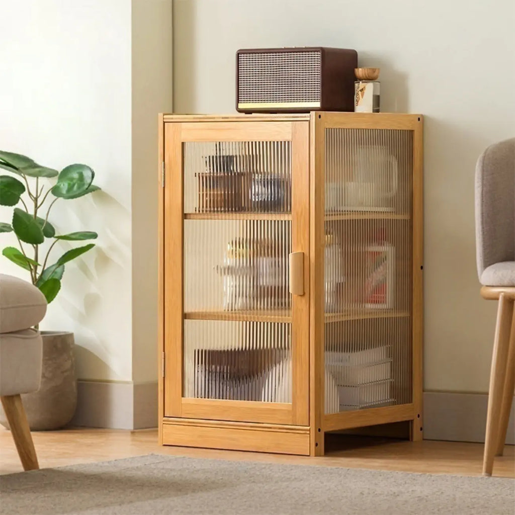 Narrow Adjustable Scandinavian Bamboo Glass Curio Cabinet