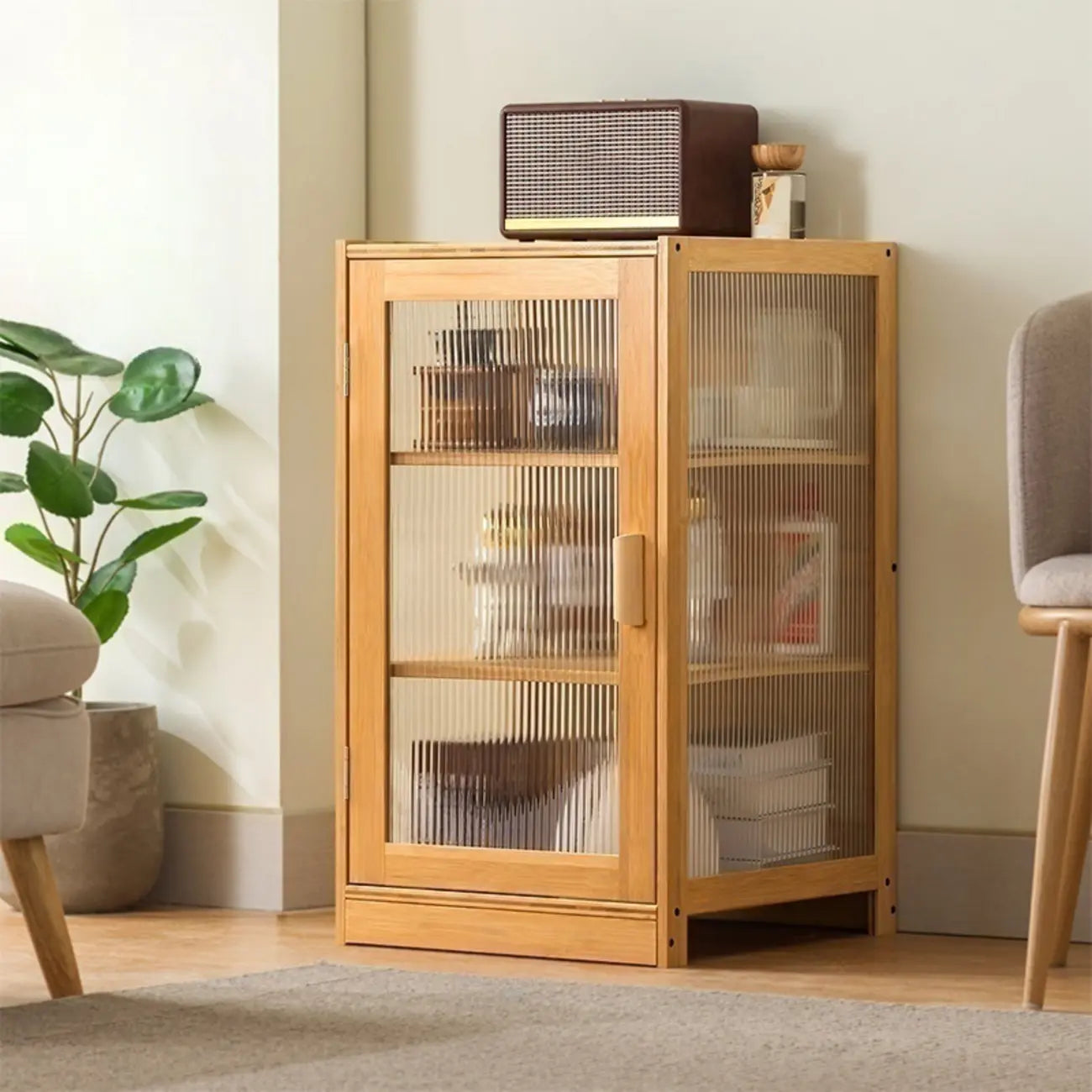 Narrow Adjustable Scandinavian Bamboo Glass Curio Cabinet