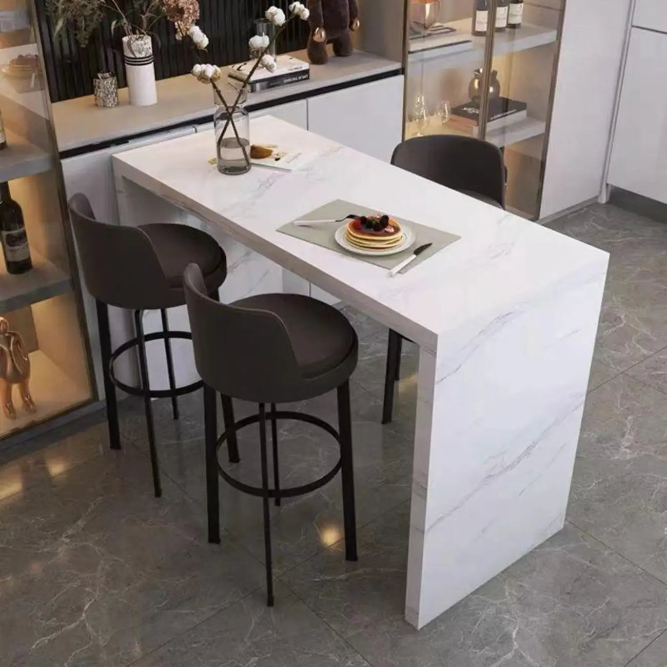 Modern Gloss White Stone Black Wood Sled Bar Tables