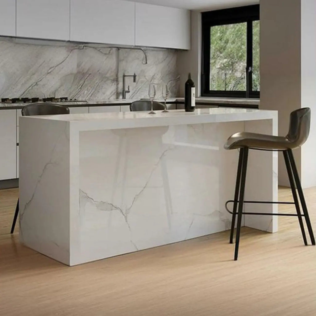 Modern Gloss White Stone Black Wood Sled Bar Tables
