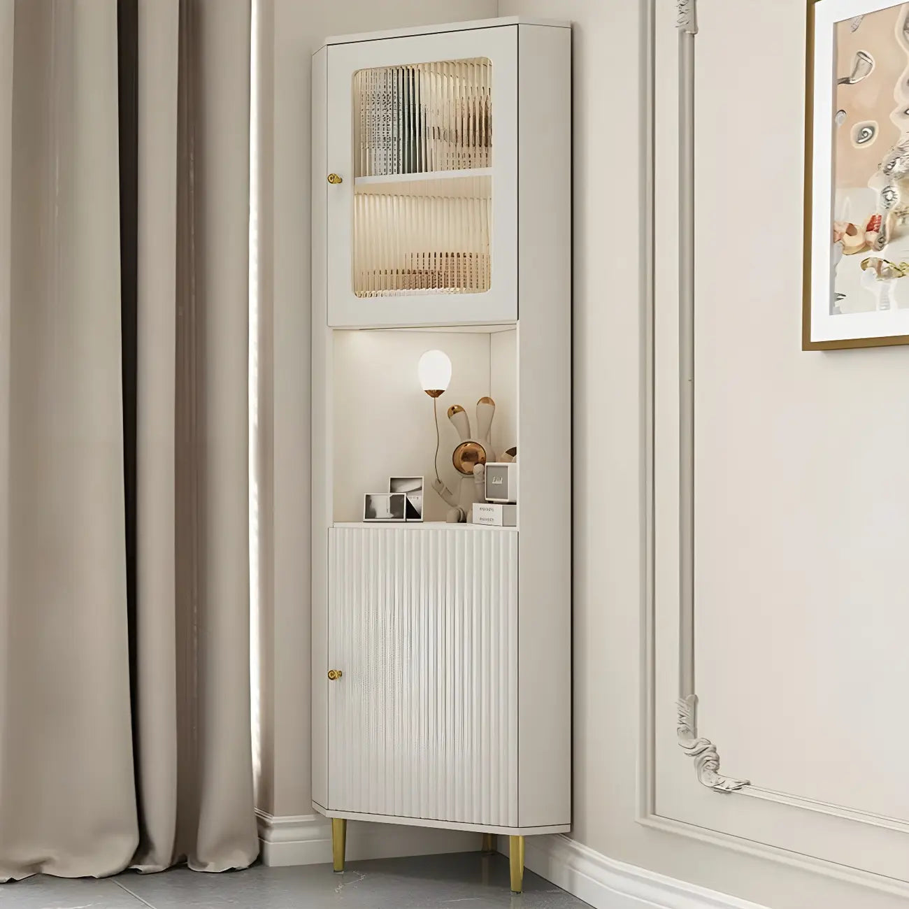 Elegant Faux Marble Top Striped Wooden Glass Corner Cabinet