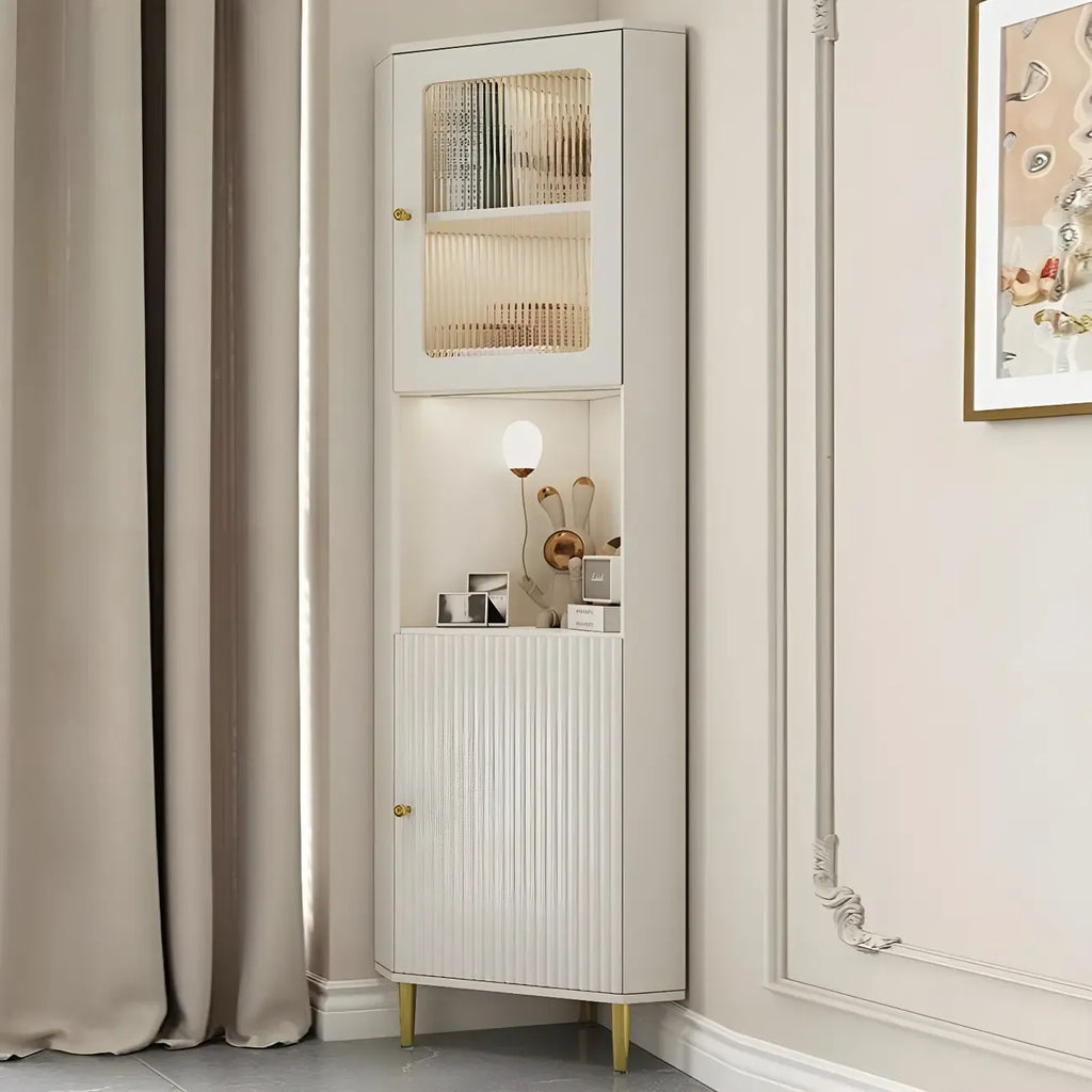 Elegant Faux Marble Top Striped Wooden Glass Corner Cabinet