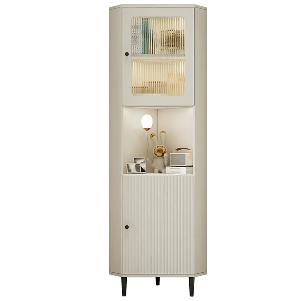 Elegant Faux Marble Top Striped Wooden Glass Corner Cabinet