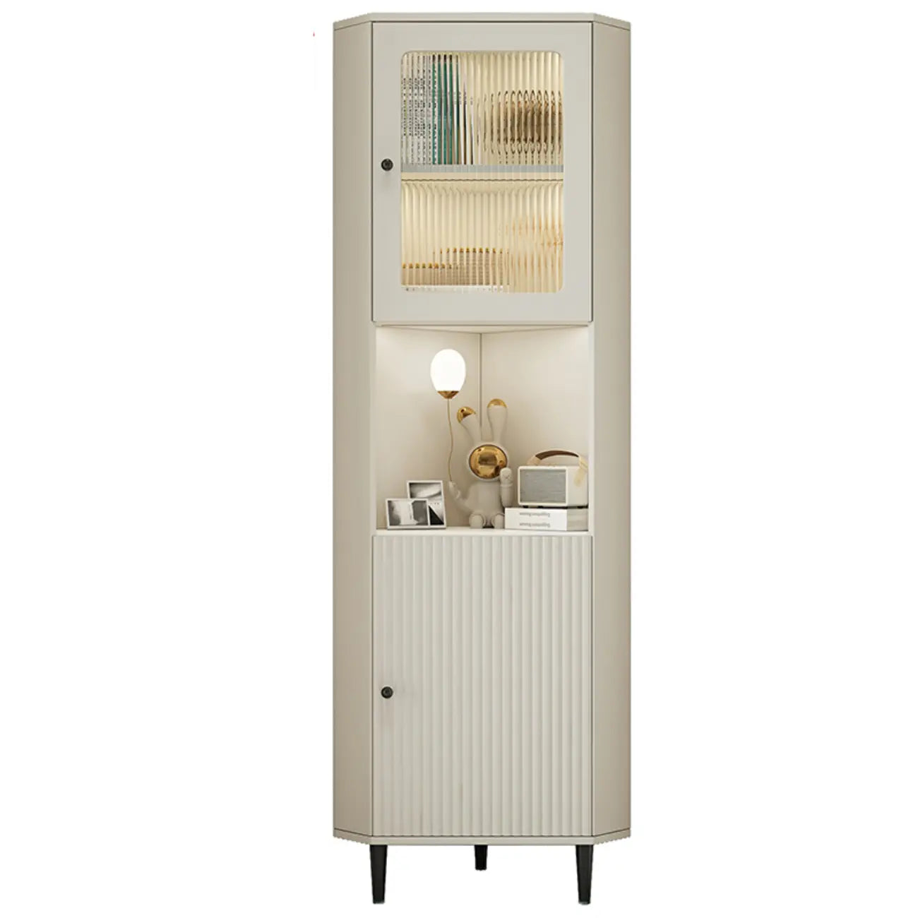 Elegant Faux Marble Top Striped Wooden Glass Corner Cabinet