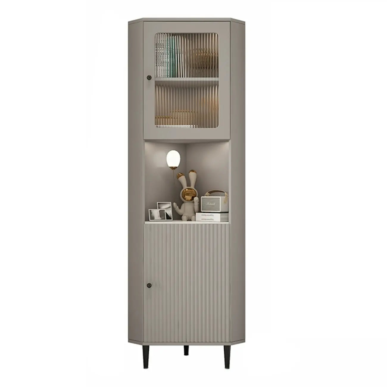 Elegant Faux Marble Top Striped Wooden Glass Corner Cabinet
