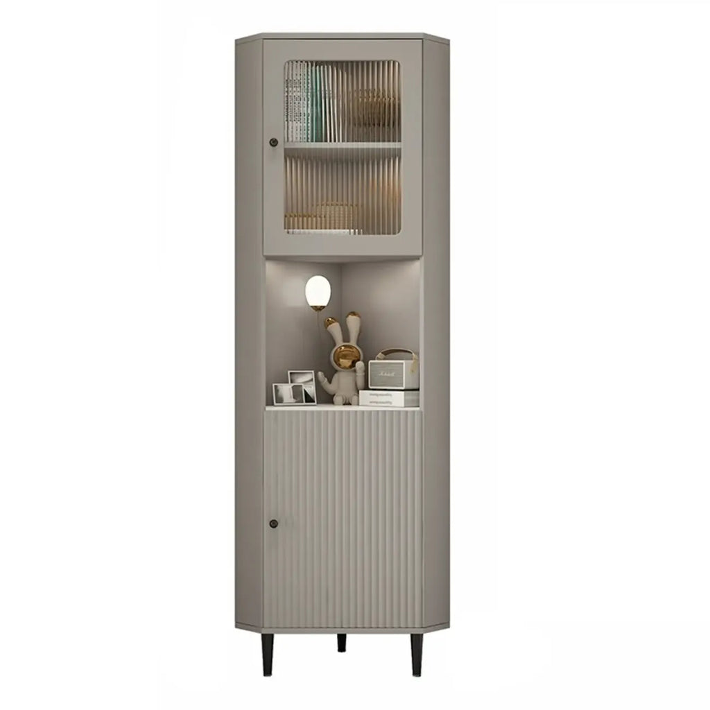 Elegant Faux Marble Top Striped Wooden Glass Corner Cabinet