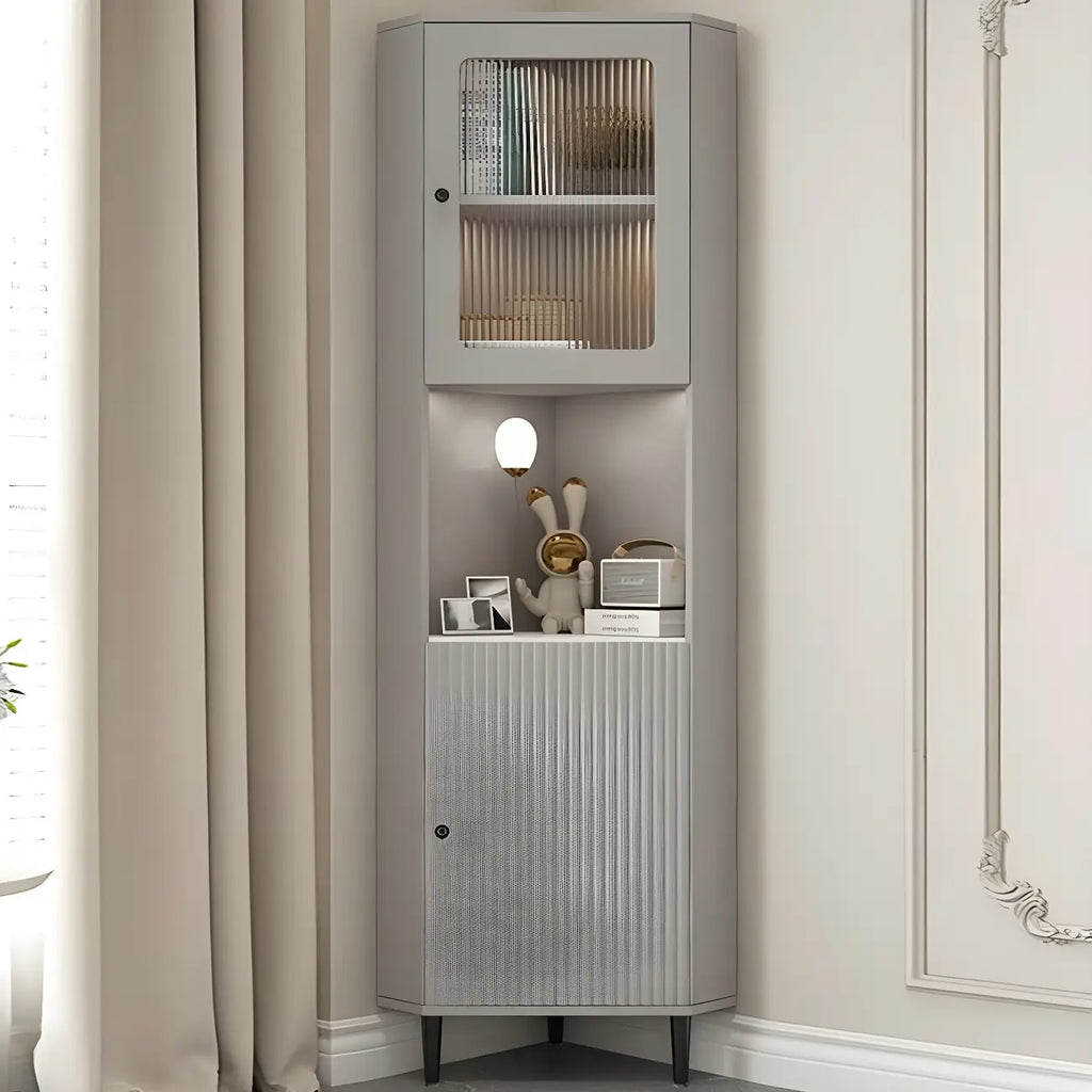Elegant Faux Marble Top Striped Wooden Glass Corner Cabinet