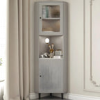 Elegant Faux Marble Top Striped Wooden Glass Corner Cabinet