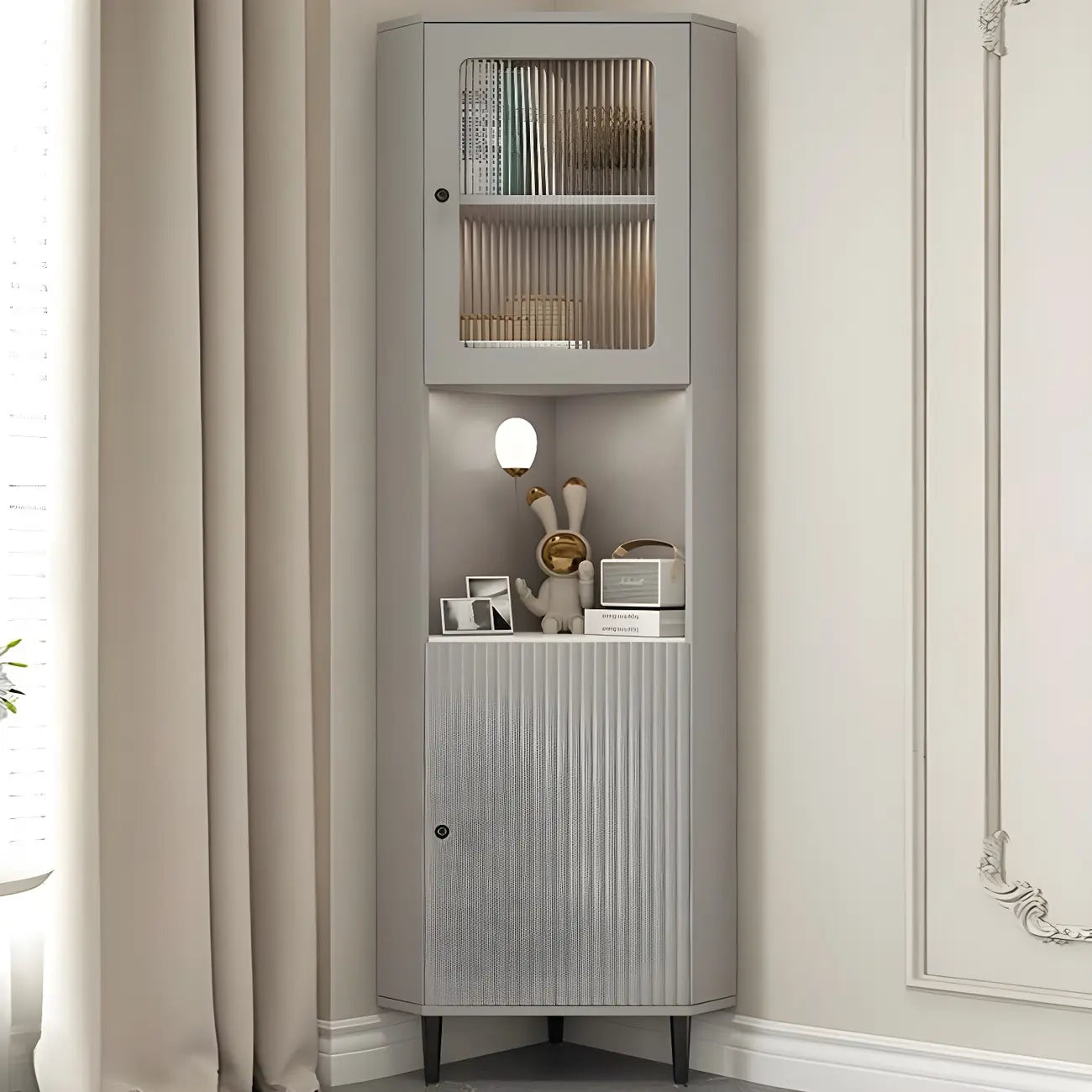 Elegant Faux Marble Top Striped Wooden Glass Corner Cabinet