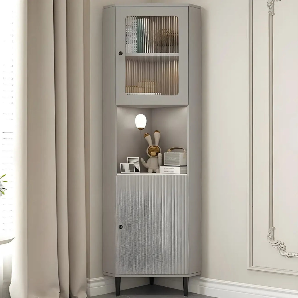 Elegant Faux Marble Top Striped Wooden Glass Corner Cabinet