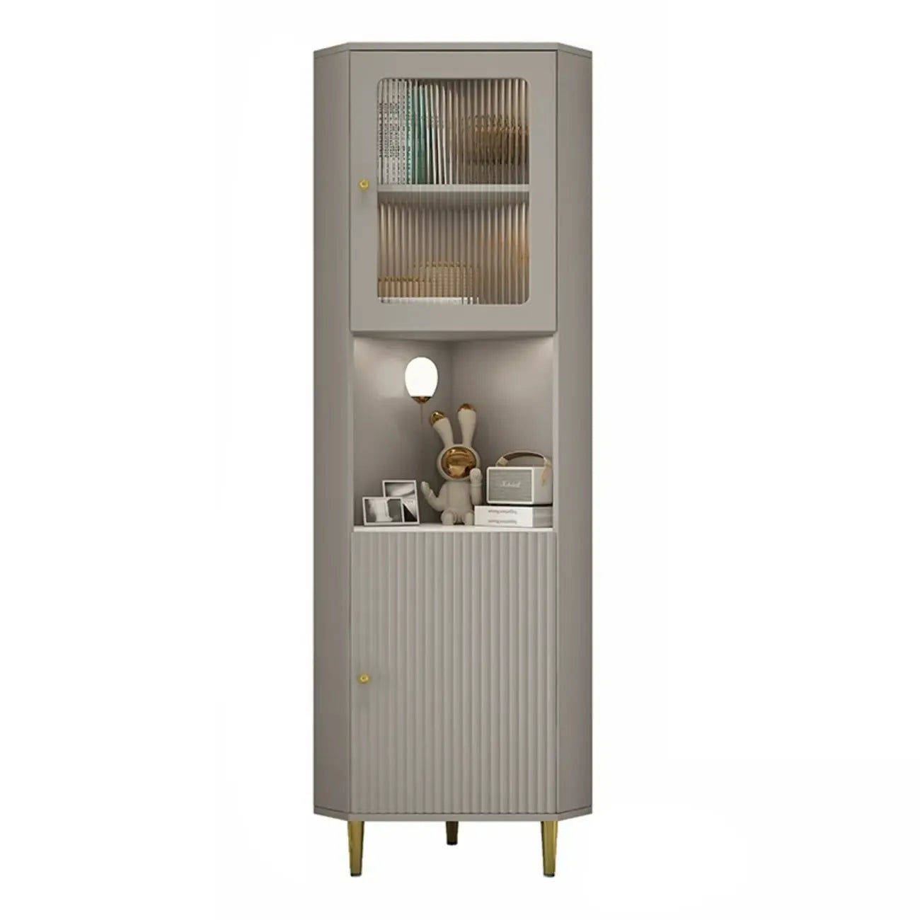 Elegant Faux Marble Top Striped Wooden Glass Corner Cabinet