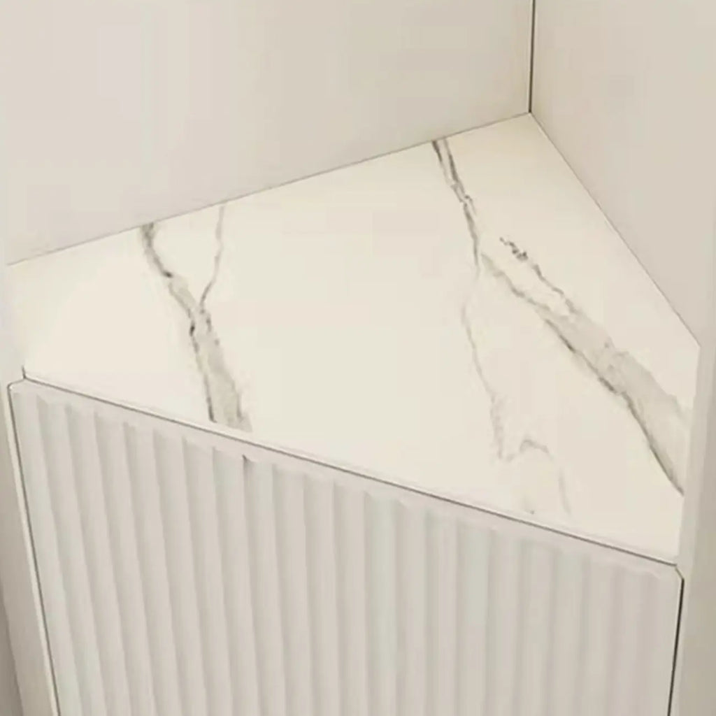 Elegant Faux Marble Top Striped Wooden Glass Corner Cabinet