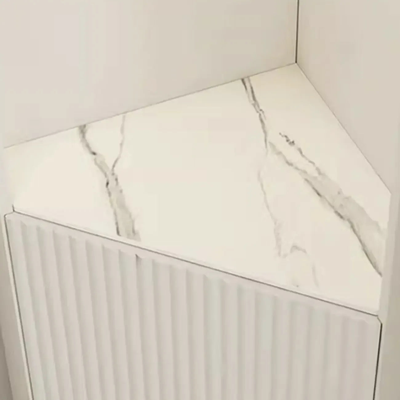 Elegant Faux Marble Top Striped Wooden Glass Corner Cabinet