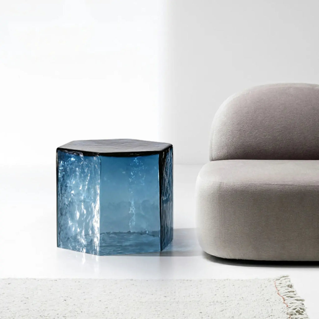 Modern Blue Glass Hexagon End Table for Living Room