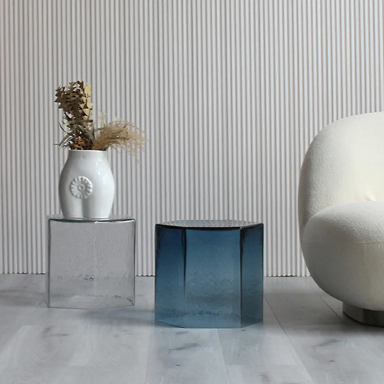 Modern Blue Glass Hexagon End Table for Living Room