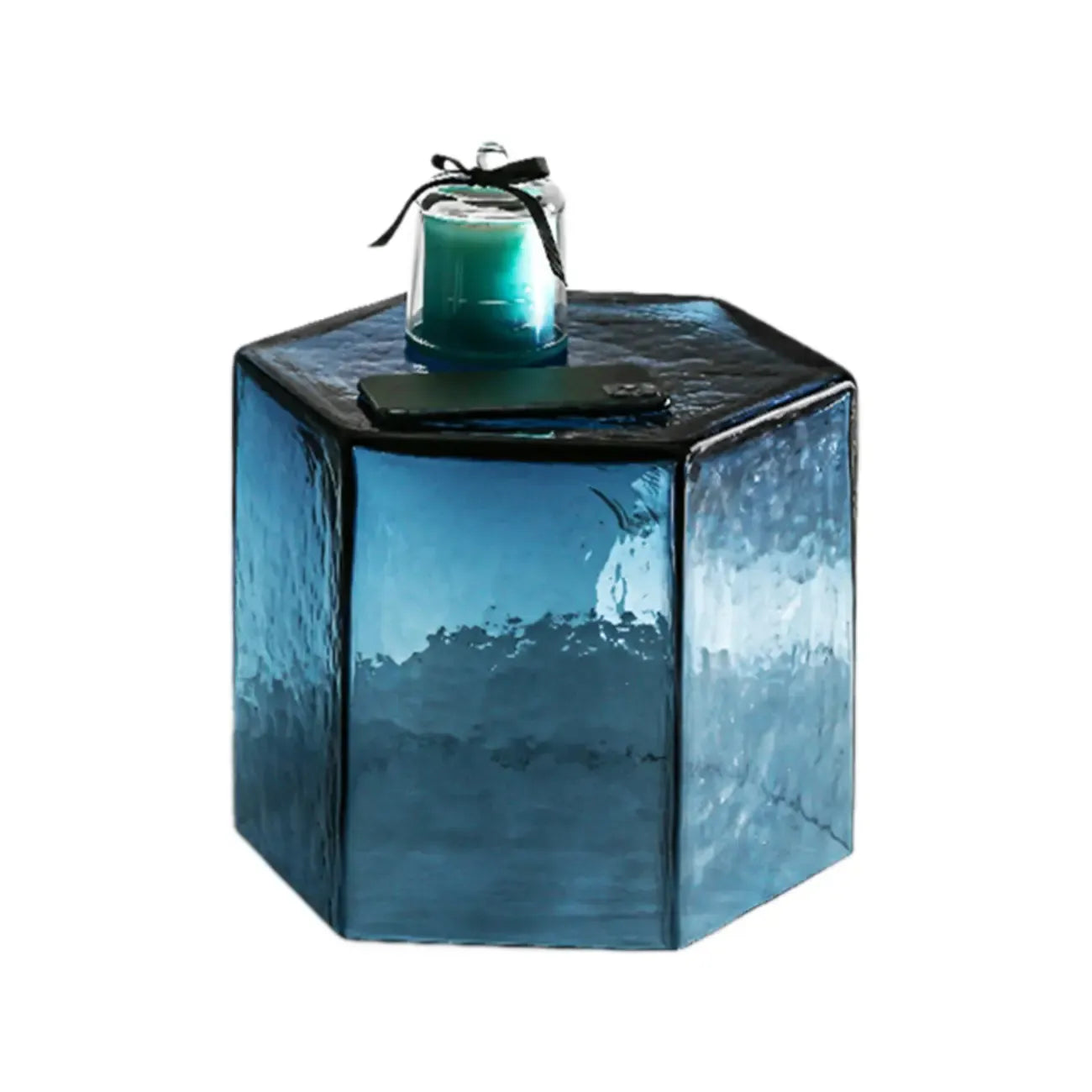 Modern Blue Glass Hexagon End Table for Living Room