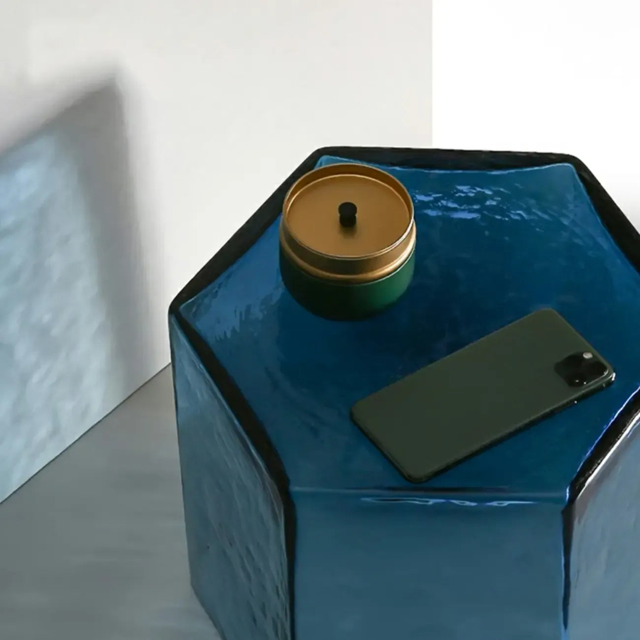 Modern Blue Glass Hexagon End Table for Living Room