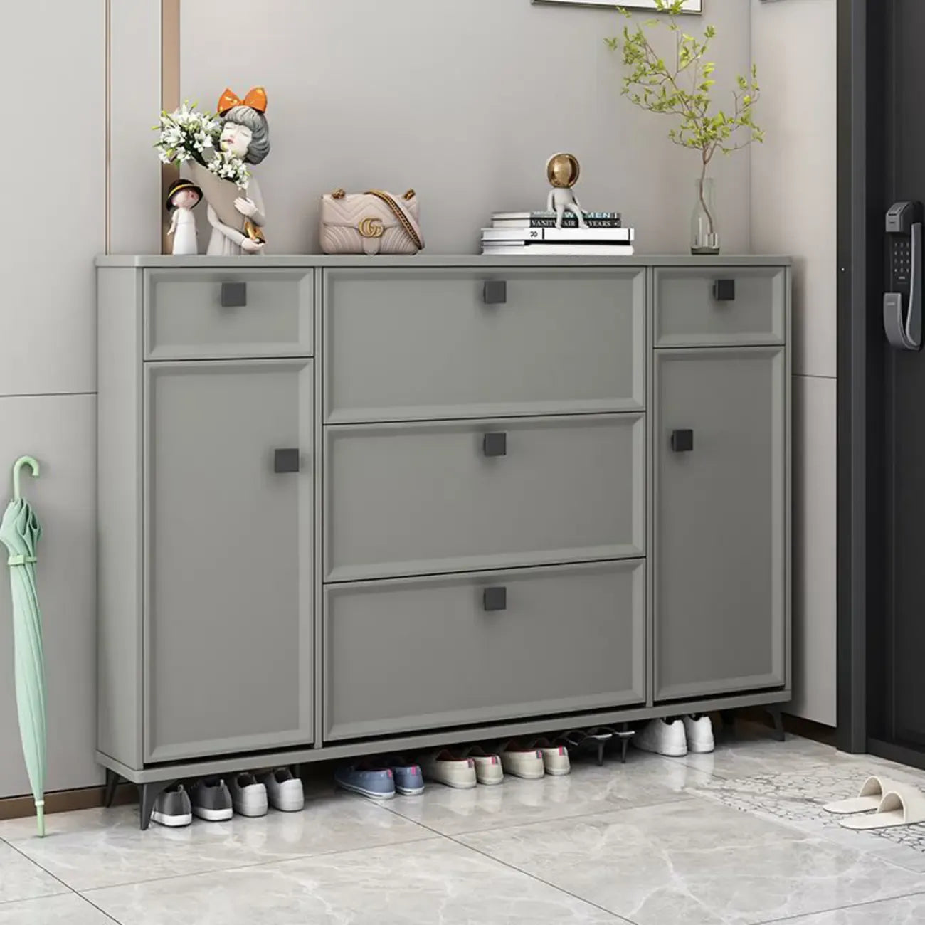 Contemporary Green Wood Shoe Cabinet for Entryway
