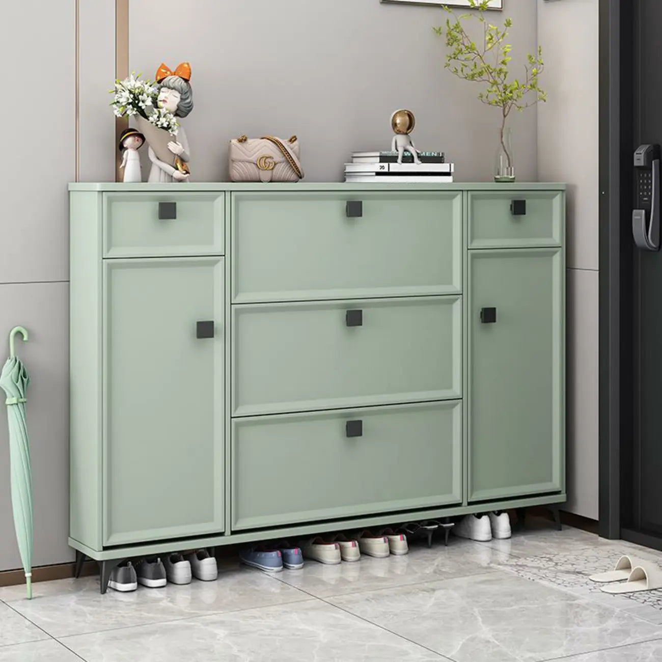 Contemporary Green Wood Shoe Cabinet for Entryway