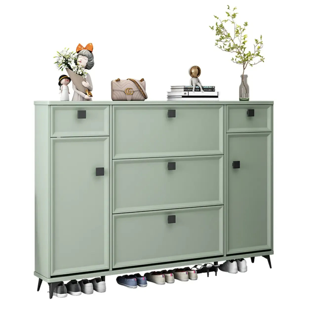 Contemporary Green Wood Shoe Cabinet for Entryway