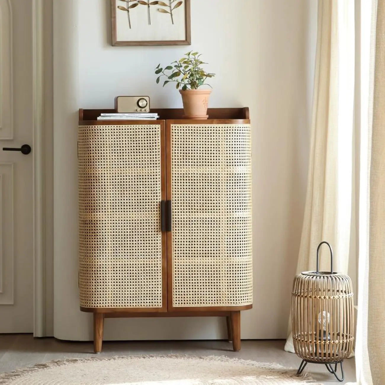 Bohemian 6-Tier Solid Wood Shoe Storage Cabinet with Door