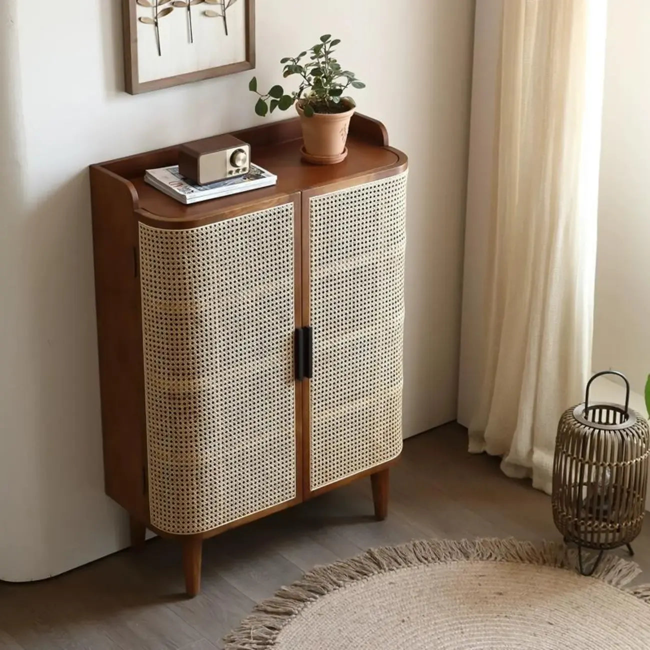 Bohemian 6-Tier Solid Wood Shoe Storage Cabinet with Door