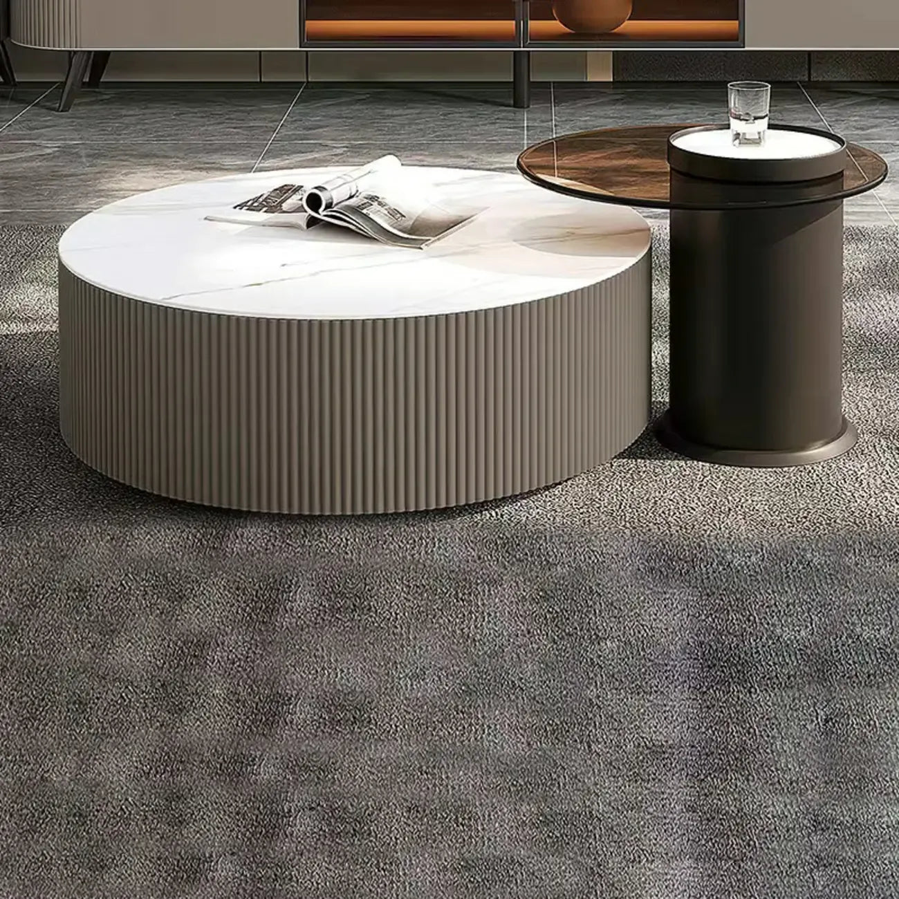 White Drum Round Wood Coffee Table with Storage