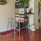 Modern Brown Wood Silver Metal Trestle Bar Tables