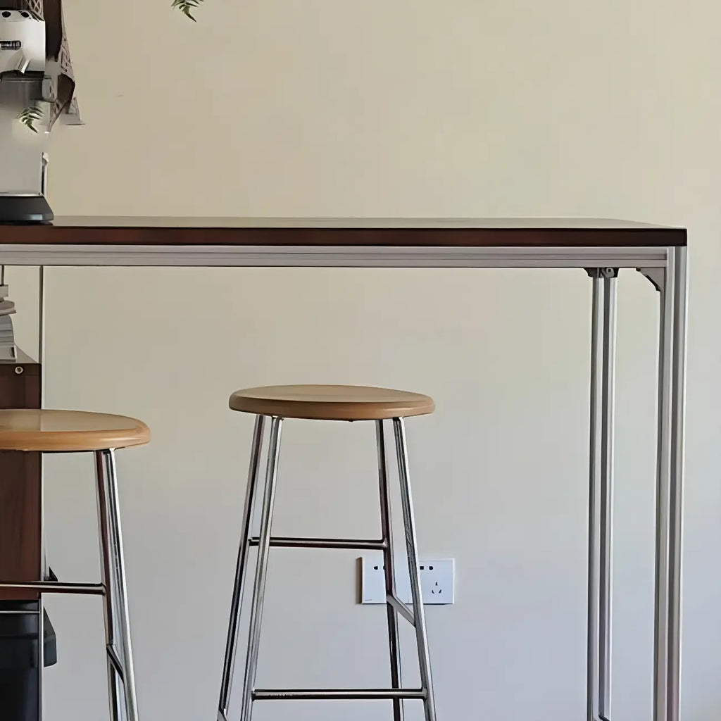 Modern Brown Wood Silver Metal Trestle Bar Tables