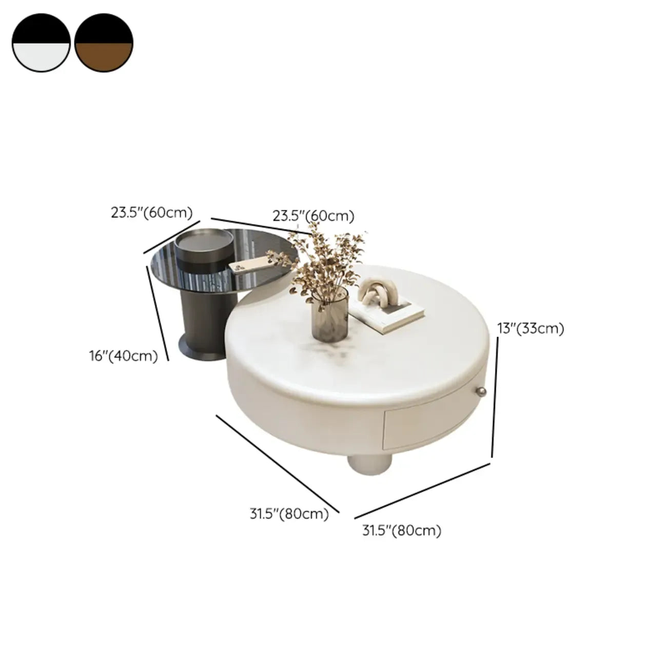 Cream Round Elegant Drawers Round Wood Coffee Table