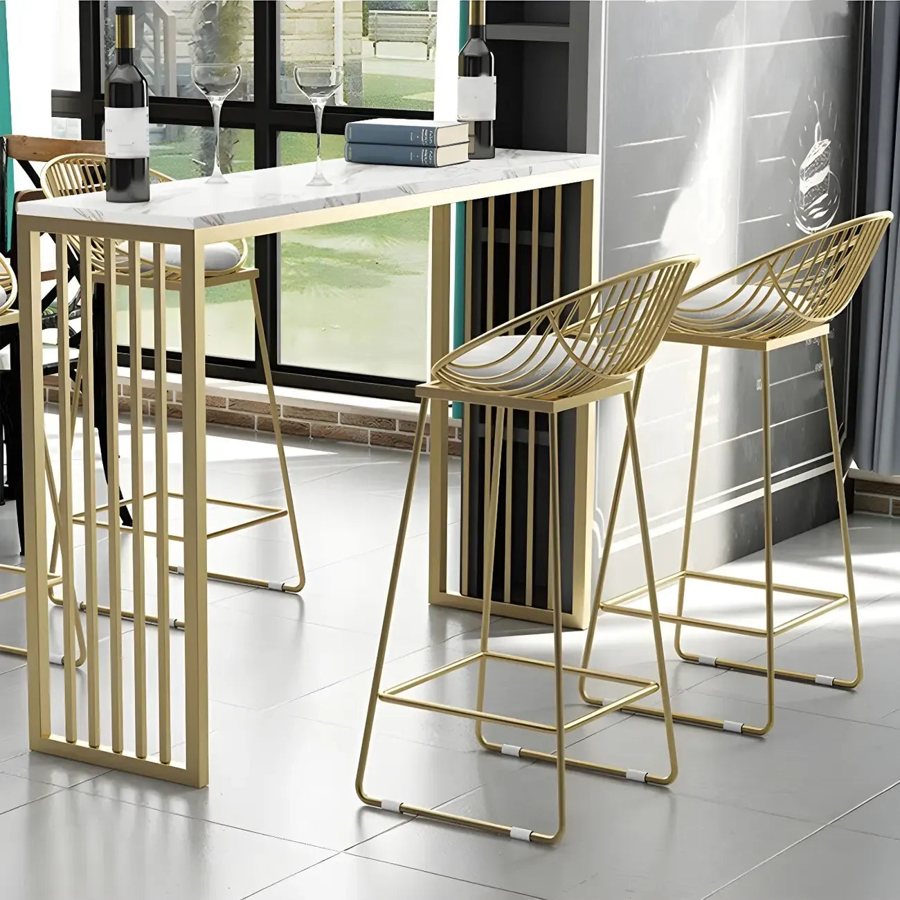Glam White Faux Marble Gold Rail Metal Base Bar Tables