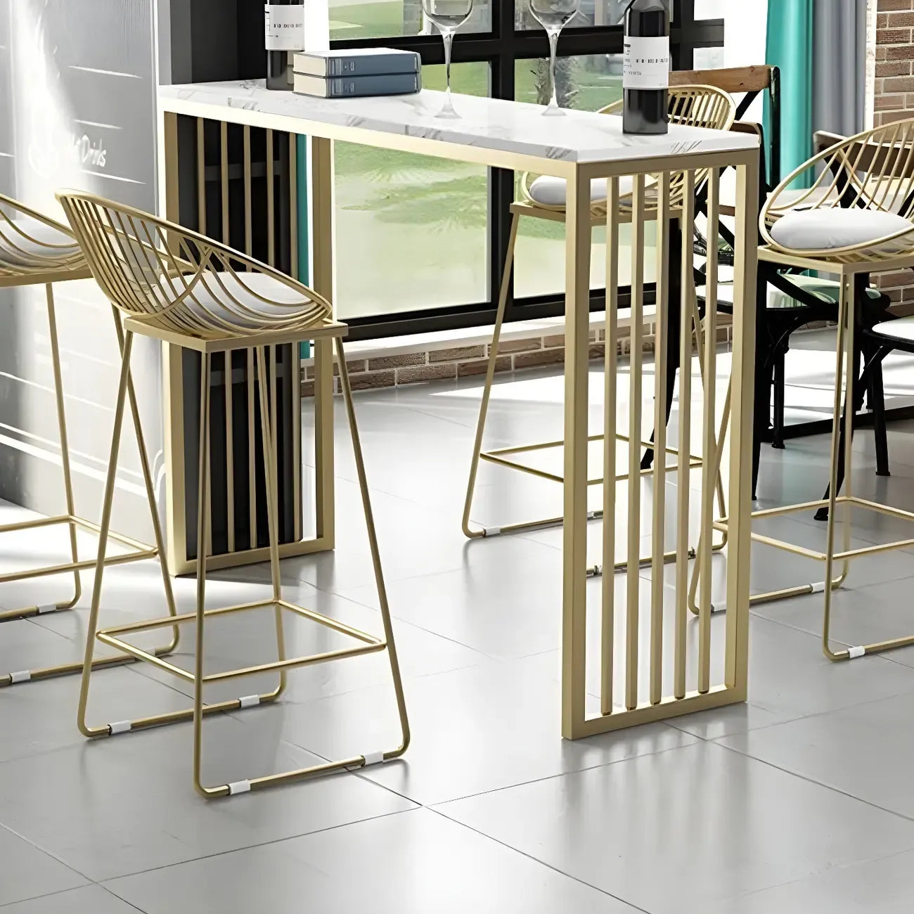 Glam White Faux Marble Gold Rail Metal Base Bar Tables