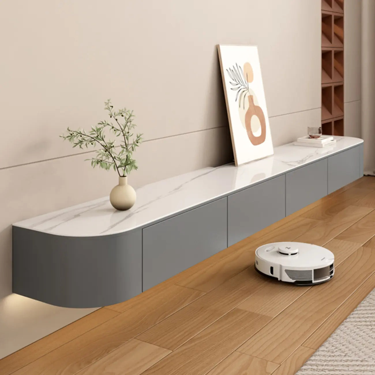 71 Contemporary Grey Stone Floating TV Stand with Cabinet