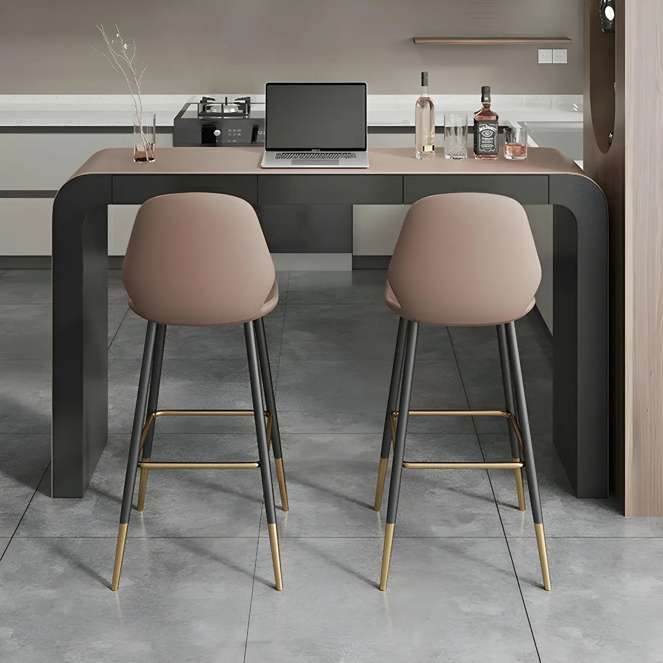 Modern Brown Leather Wooden Curved Bar Tables with 3 Drawers