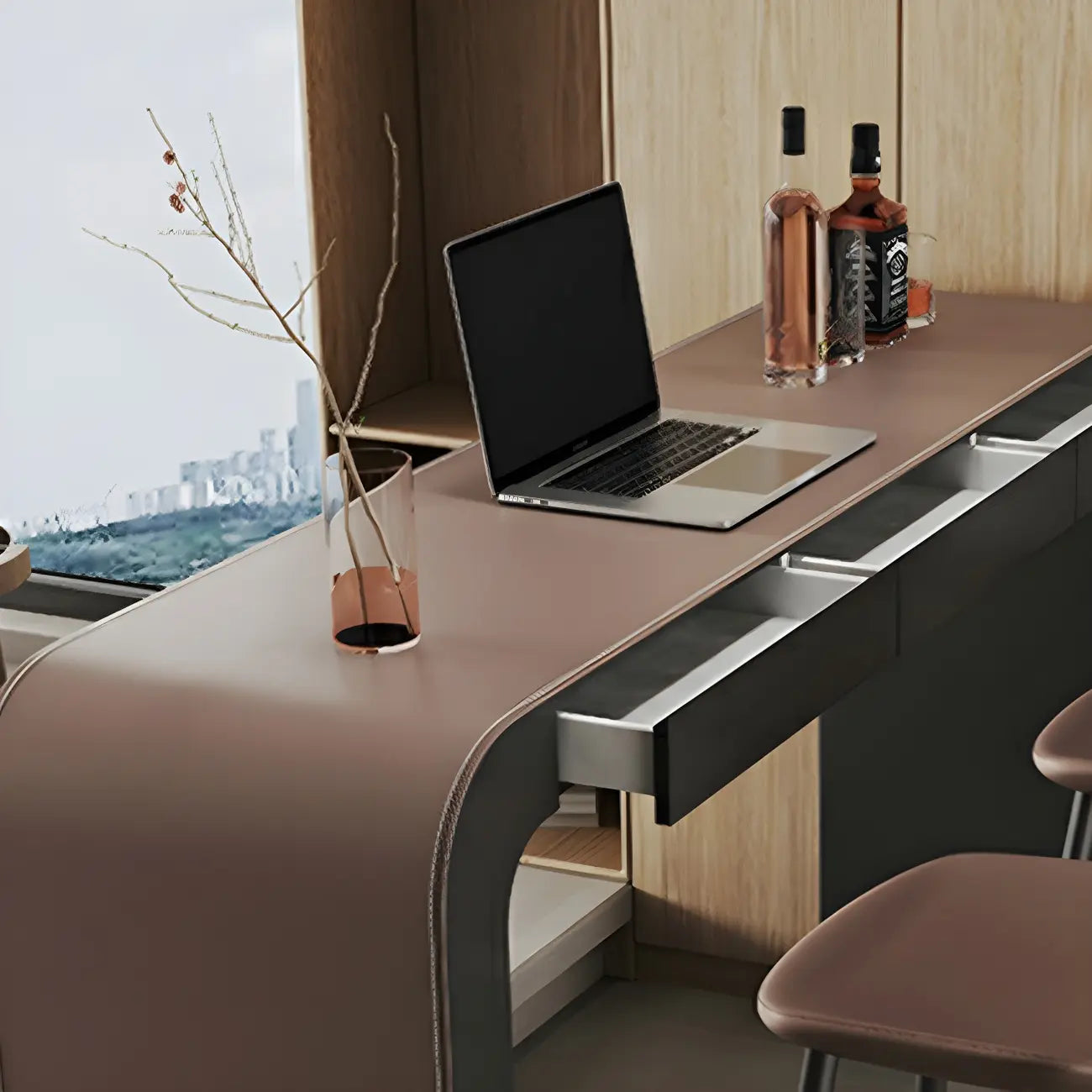 Modern Brown Leather Wooden Curved Bar Tables with 3 Drawers