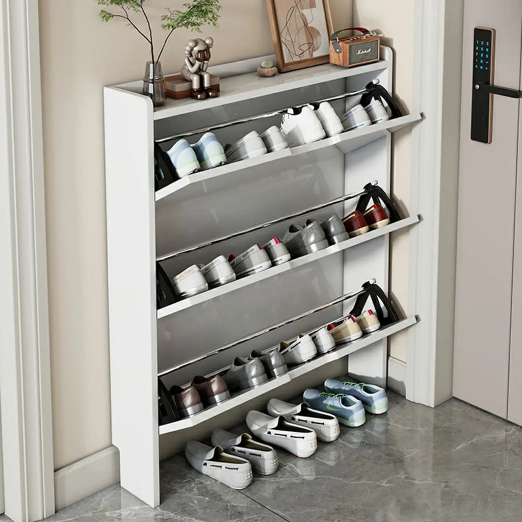 3-Tier White Wood Shoe Cabinet with Drop Front