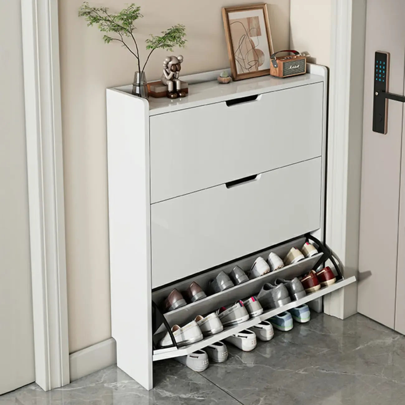3-Tier White Wood Shoe Cabinet with Drop Front
