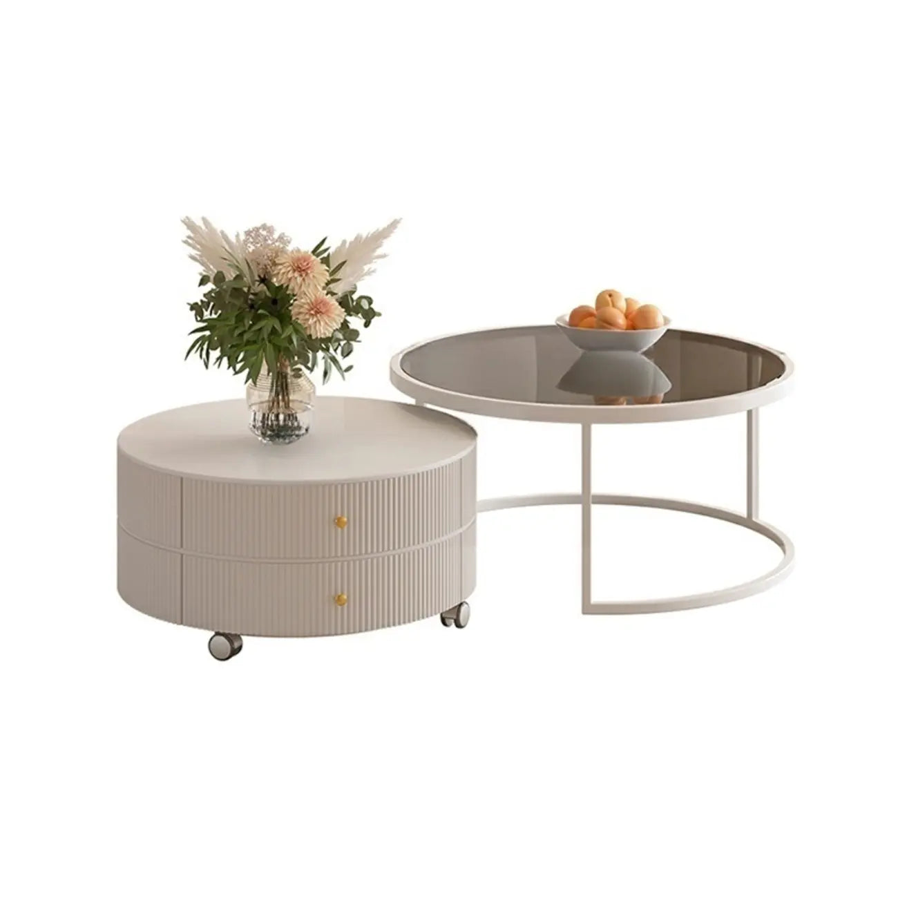 White Round Wheeled Round Wood Drawer Coffee Table