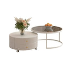 White Round Wheeled Round Wood Drawer Coffee Table