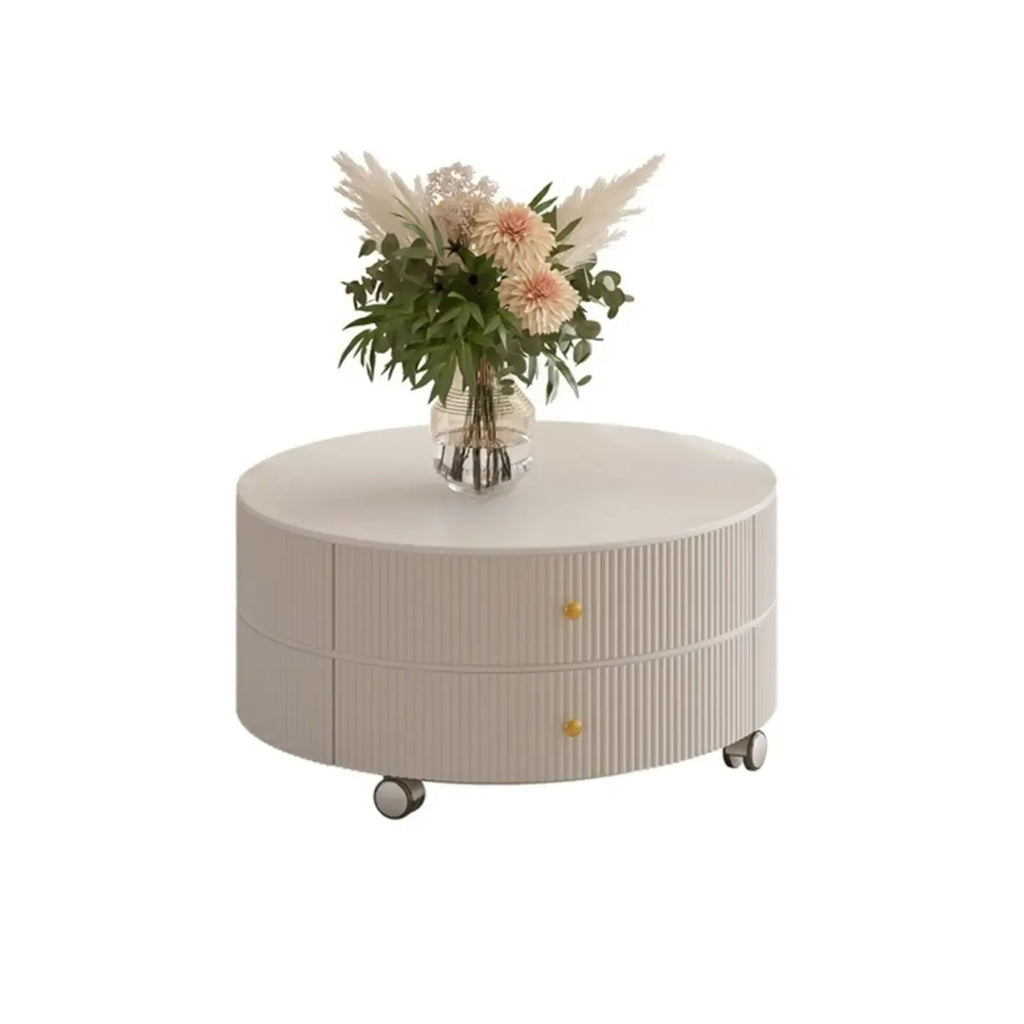 White Round Wheeled Round Wood Drawer Coffee Table
